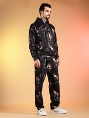 Go Devil Beige Abstract Print Black Hooded Co-Ord Set for Men