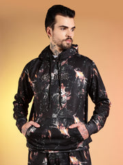Go Devil Beige Abstract Print Black Hooded Co-Ord Set for Men