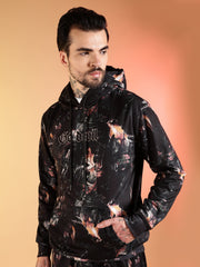 Go Devil Beige Abstract Print Black Hooded Co-Ord Set for Men