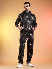 Go Devil Beige Abstract Print Black Hooded Co-Ord Set for Men