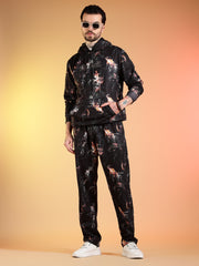 Go Devil Beige Abstract Print Black Hooded Co-Ord Set for Men