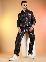 Go Devil Beige Abstract Print Black Hooded Co-Ord Set for Men