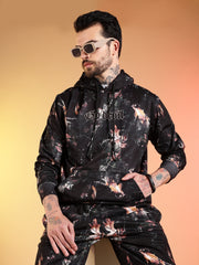 Go Devil Beige Abstract Print Black Hooded Co-Ord Set for Men
