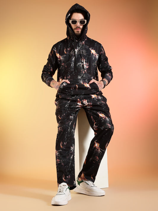 Go Devil Beige Abstract Print Black Hooded Co-Ord Set for Men