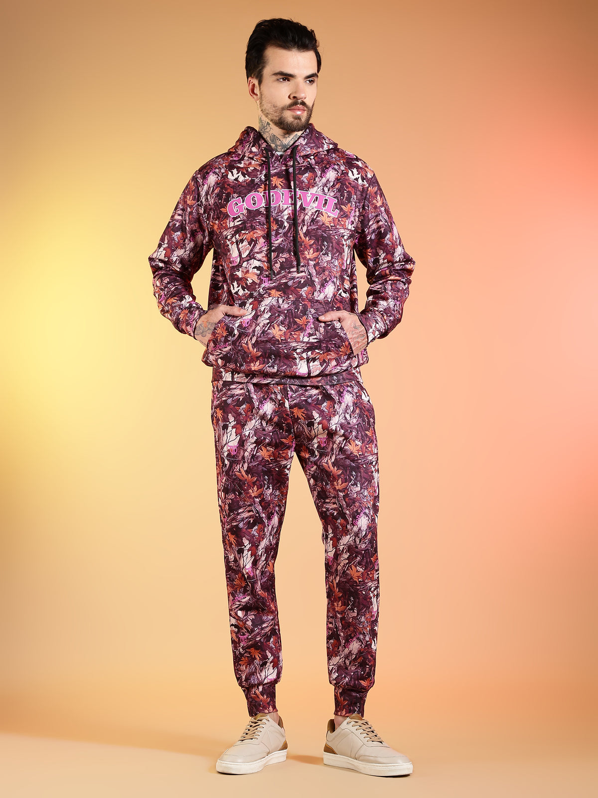 Go Devil Maroon Abstract Print Hooded Co-Ord Set for Men