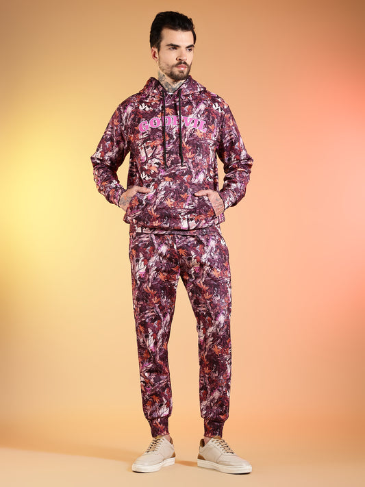 Go Devil Maroon Abstract Print Hooded Co-Ord Set for Men