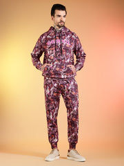 Go Devil Maroon Abstract Print Hooded Co-Ord Set for Men