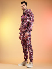 Go Devil Maroon Abstract Print Hooded Co-Ord Set for Men