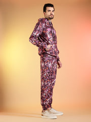 Go Devil Maroon Abstract Print Hooded Co-Ord Set for Men