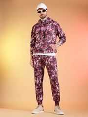 Go Devil Maroon Abstract Print Hooded Co-Ord Set for Men
