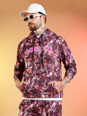 Go Devil Maroon Abstract Print Hooded Co-Ord Set for Men