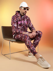 Go Devil Maroon Abstract Print Hooded Co-Ord Set for Men