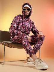 Go Devil Maroon Abstract Print Hooded Co-Ord Set for Men