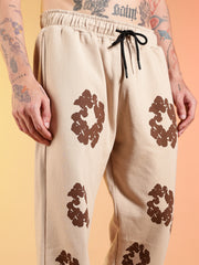 Go Devil Brown Floral Printed Beige Hooded Co-ord Set For Men