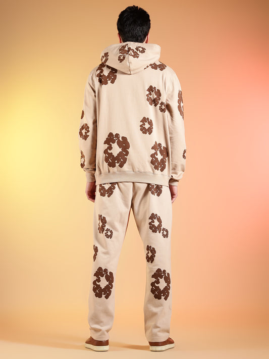 Go Devil Brown Floral Printed Beige Hooded Co-ord Set For Men