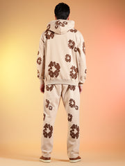 Go Devil Brown Floral Printed Beige Hooded Co-ord Set For Men
