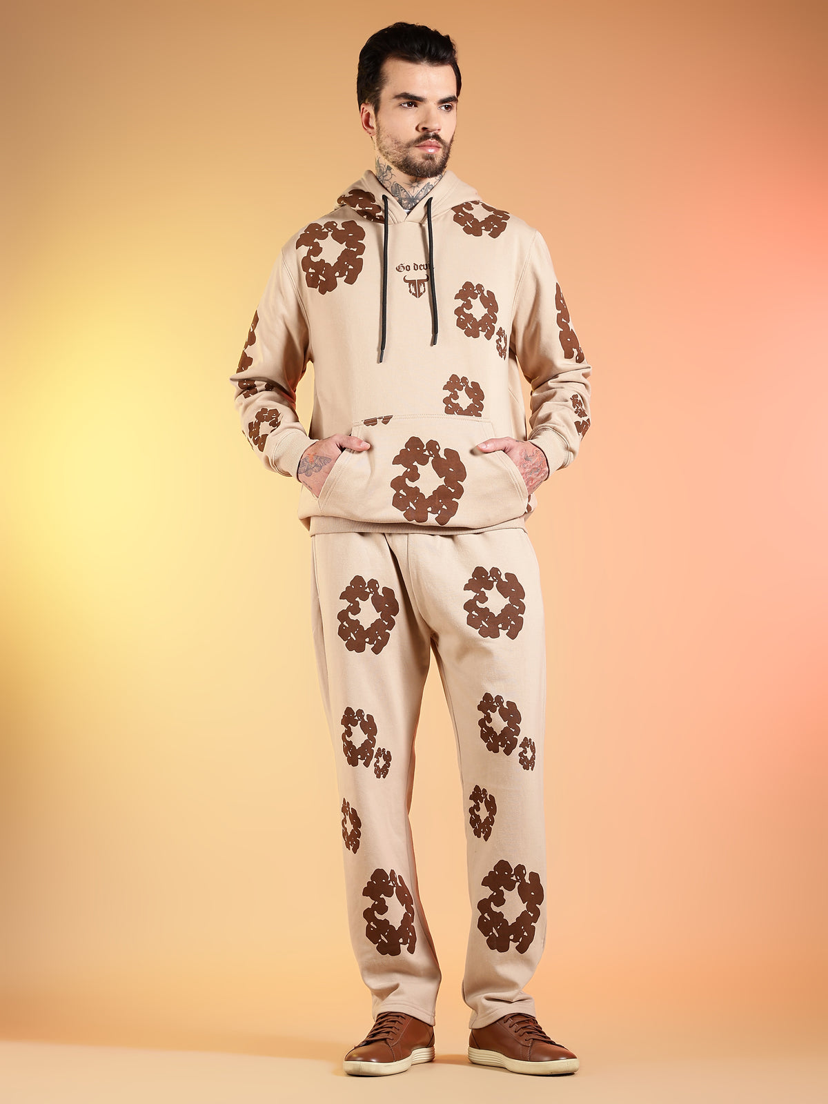 Go Devil Brown Floral Printed Beige Hooded Co-ord Set For Men