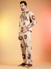 Go Devil Brown Floral Printed Beige Hooded Co-ord Set For Men