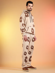 Go Devil Brown Floral Printed Beige Hooded Co-ord Set For Men