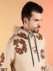 Go Devil Brown Floral Printed Beige Hooded Co-ord Set For Men
