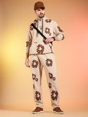 Go Devil Brown Floral Printed Beige Hooded Co-ord Set For Men