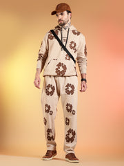 Go Devil Brown Floral Printed Beige Hooded Co-ord Set For Men