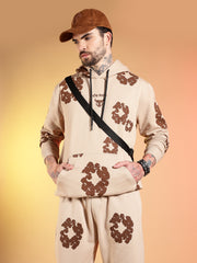 Go Devil Brown Floral Printed Beige Hooded Co-ord Set For Men