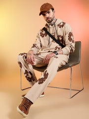 Go Devil Brown Floral Printed Beige Hooded Co-ord Set For Men