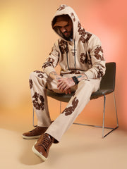 Go Devil Brown Floral Printed Beige Hooded Co-ord Set For Men