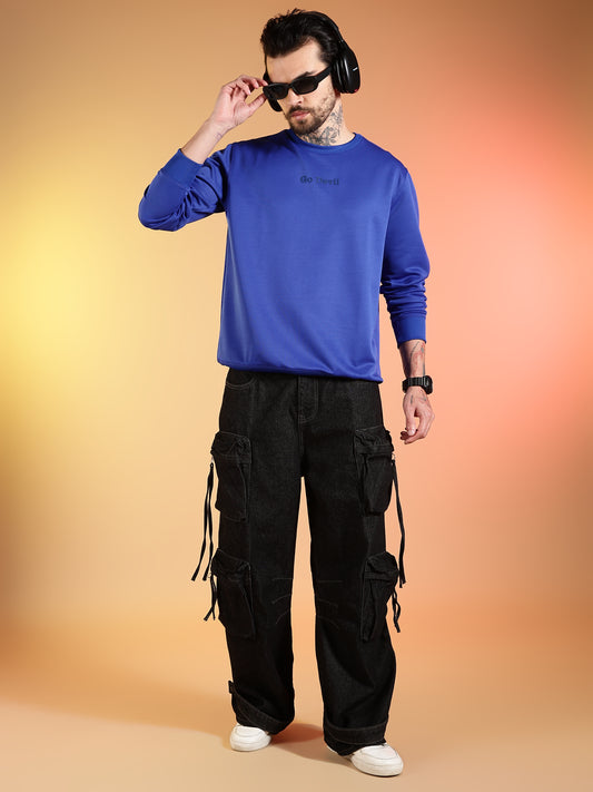 Go Devil Printed Solid Blue Sweatshirt for Men