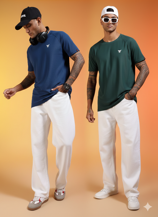 Pack of 2 Go Devil Logo Printed Navy Blue & Dark Green Lightweight Activewear T-Shirt For Men