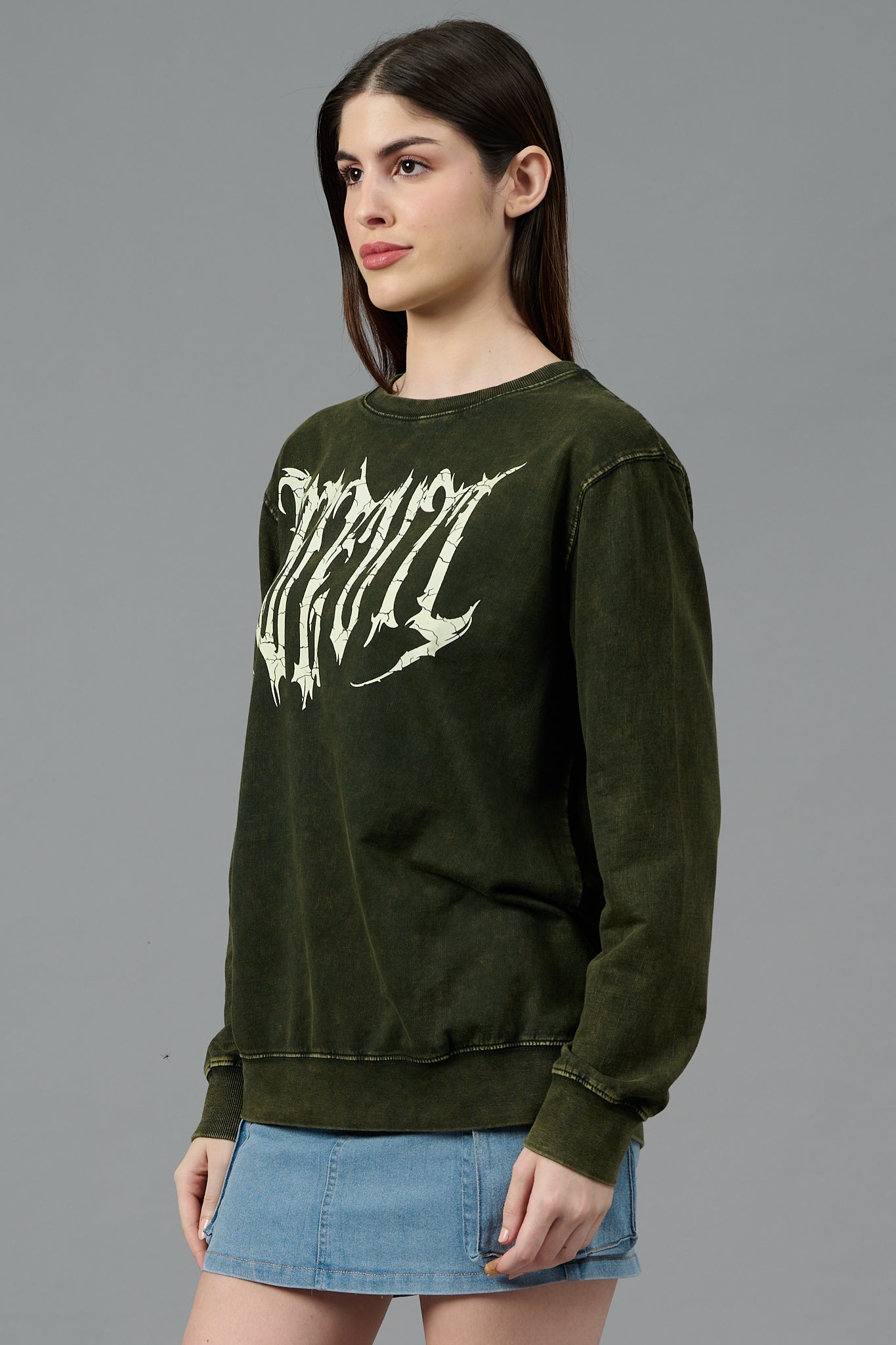 Go Devil Acid Wash Olive Sweatshirt for Women