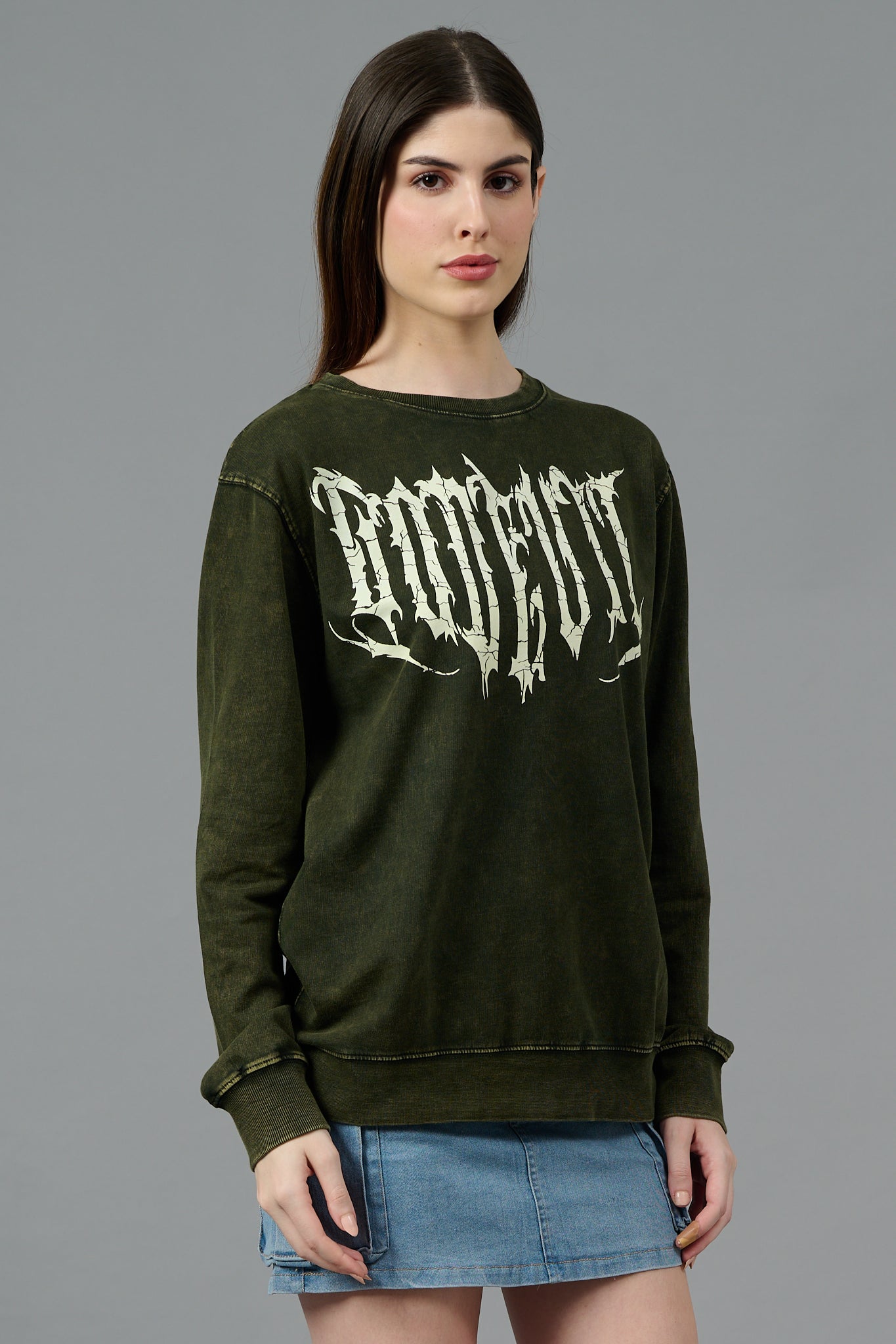 Go Devil Acid Wash Olive Sweatshirt for Women