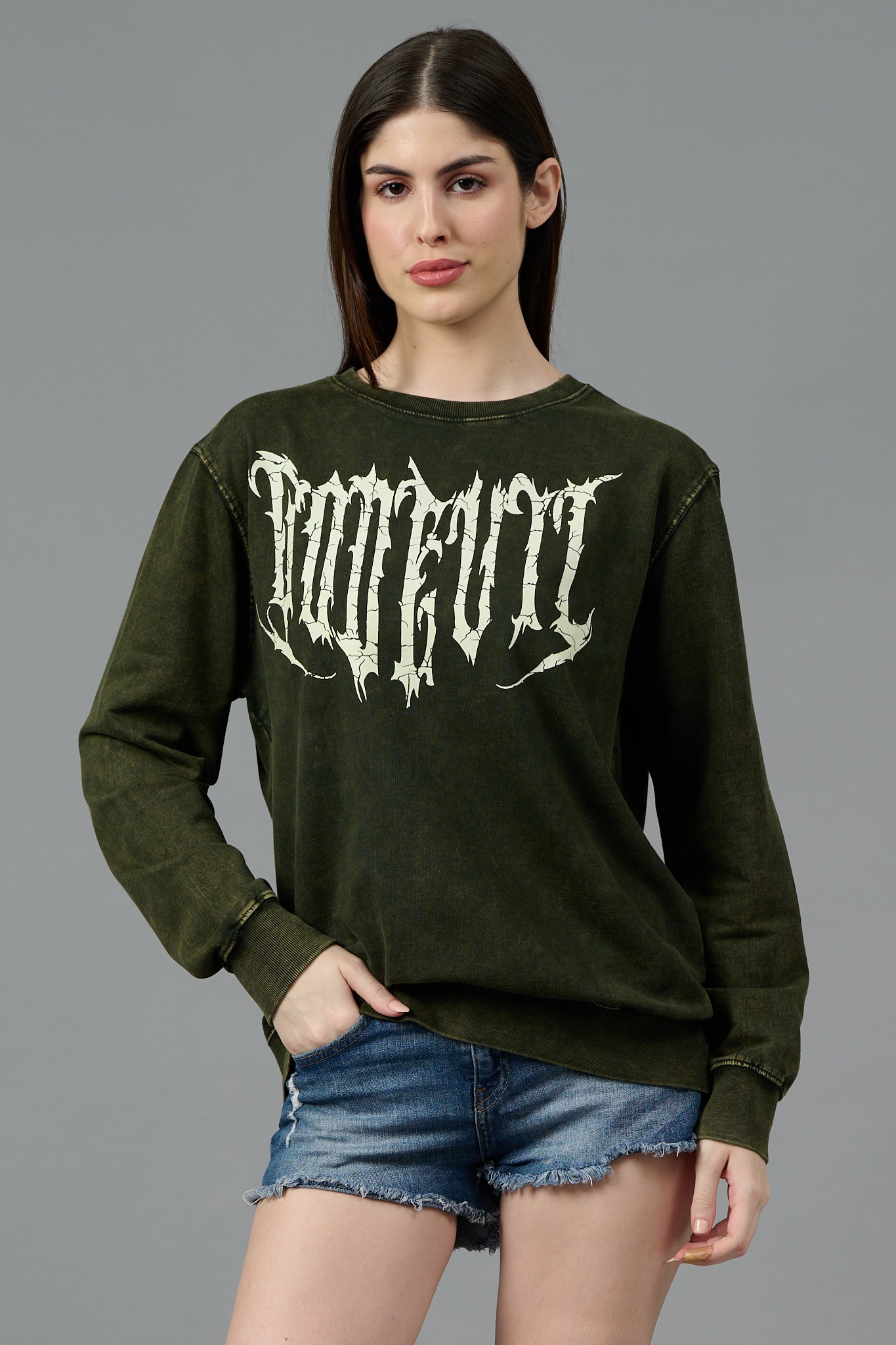 Go Devil Acid Wash Olive Sweatshirt for Women