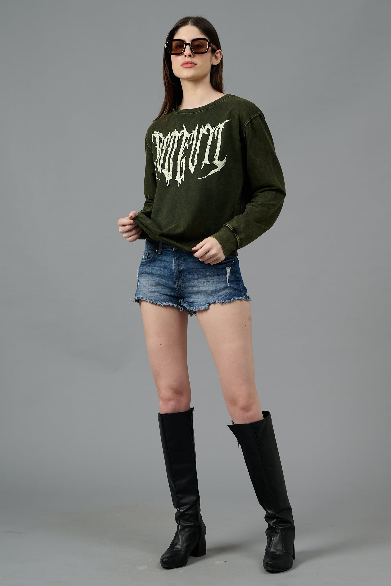 Go Devil Acid Wash Olive Sweatshirt for Women