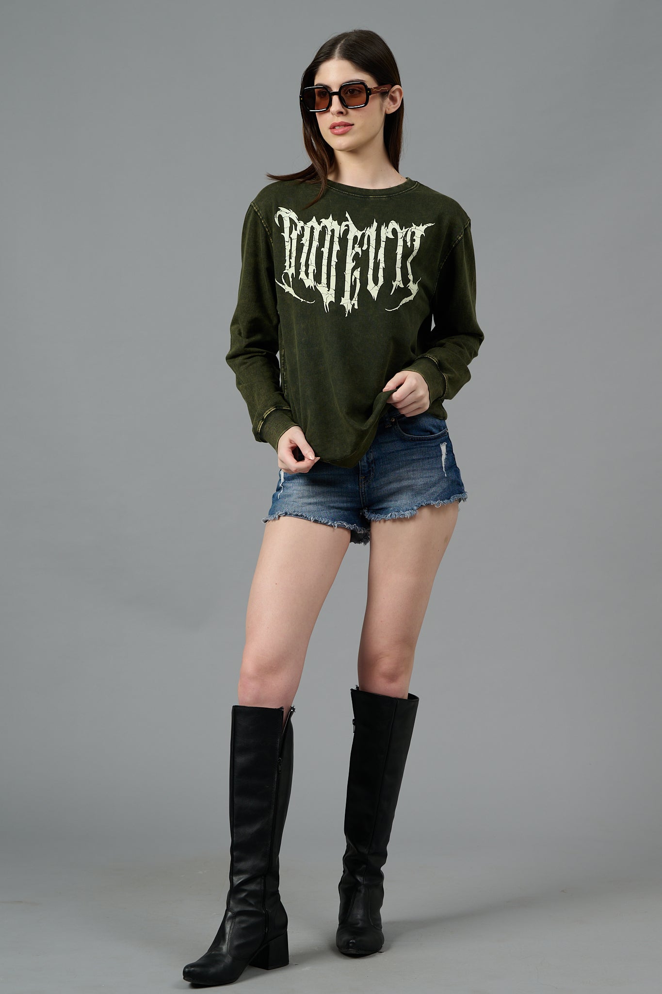 Go Devil Acid Wash Olive Sweatshirt for Women