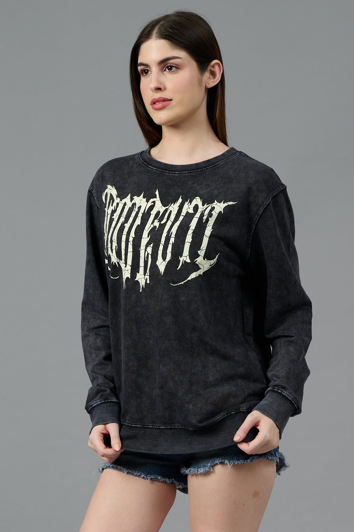 Go Devil Acid Wash Black Sweatshirt for Women