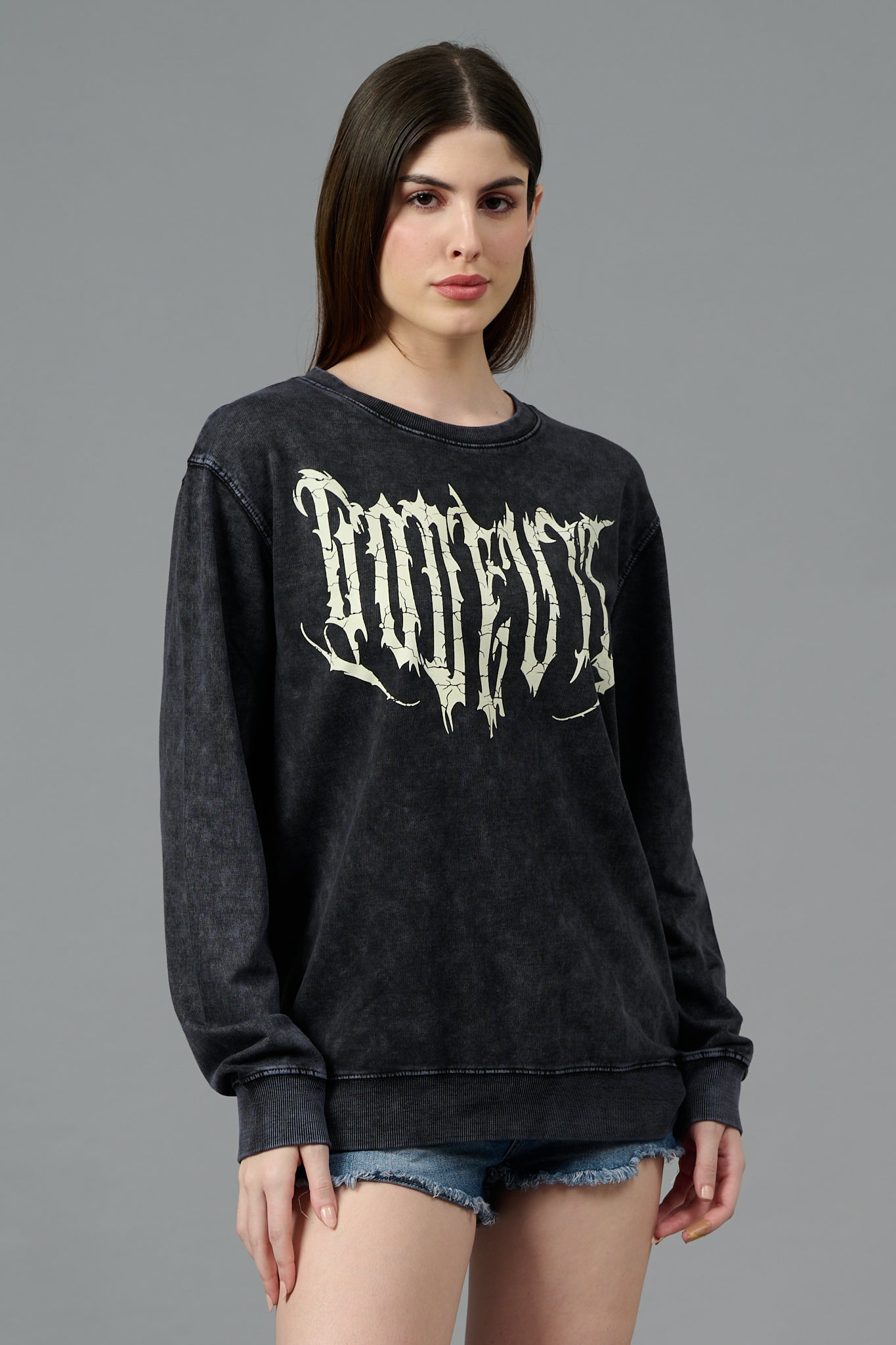 Go Devil Acid Wash Black Sweatshirt for Women