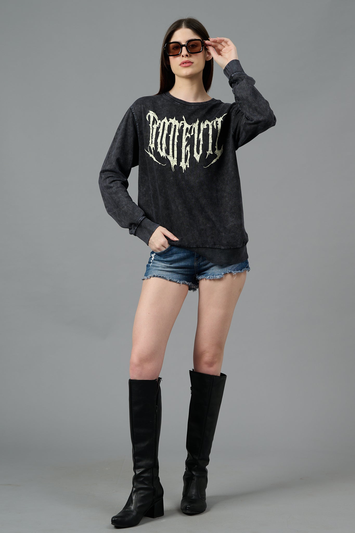 Go Devil Acid Wash Black Sweatshirt for Women