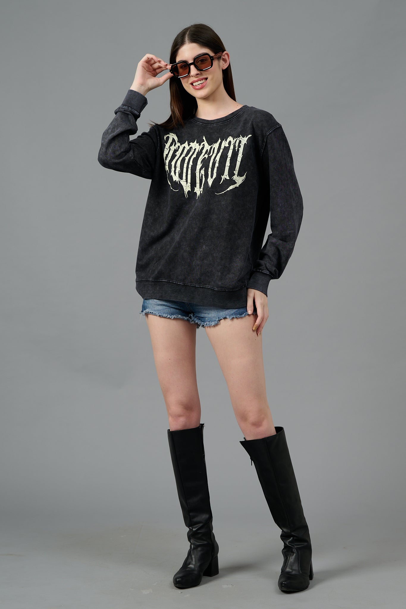 Go Devil Acid Wash Black Sweatshirt for Women