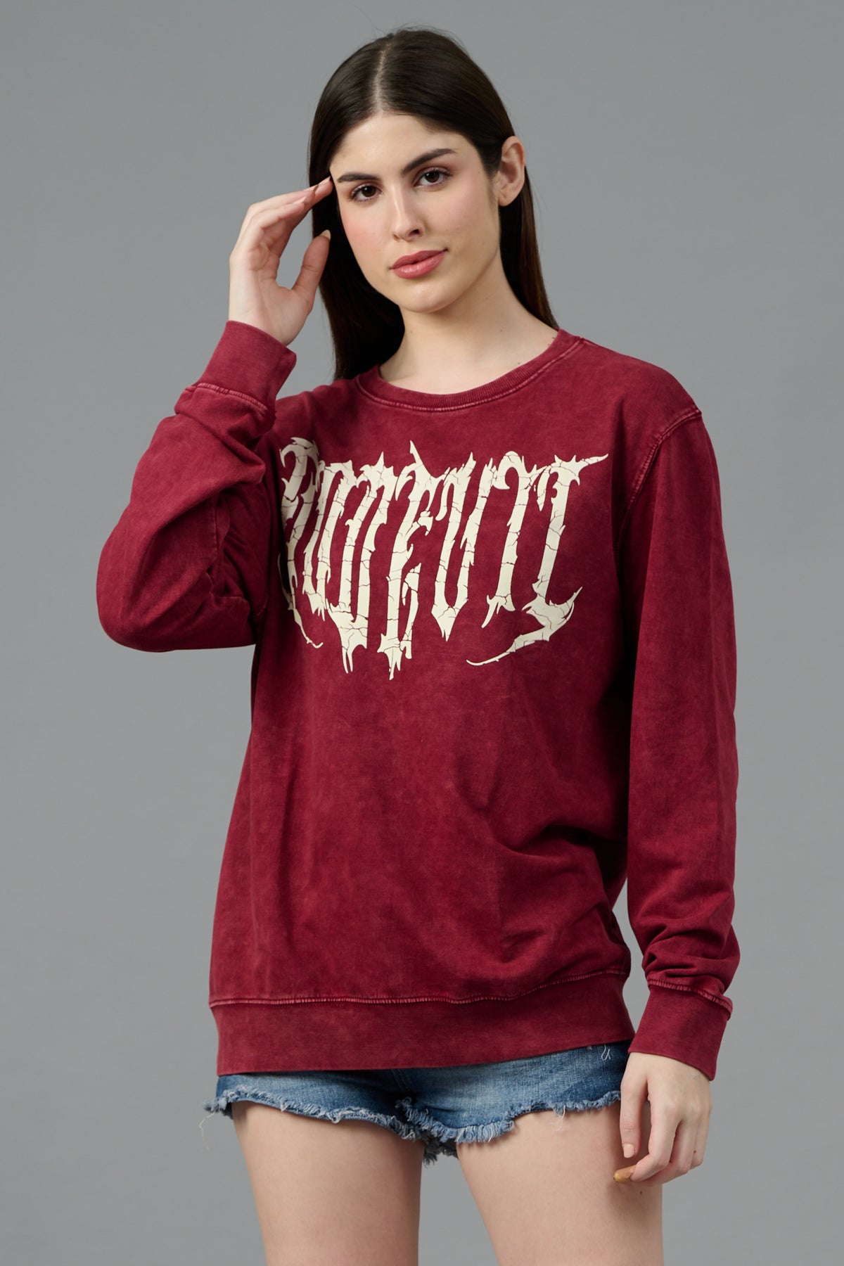 Go Devil Acid Wash Burgundy Sweatshirt for Women