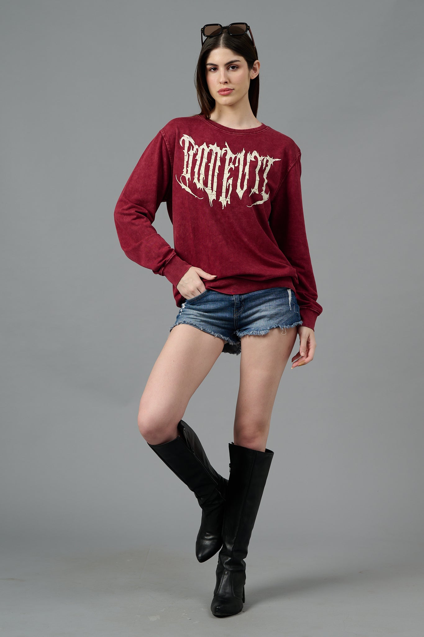 Go Devil Acid Wash Burgundy Sweatshirt for Women