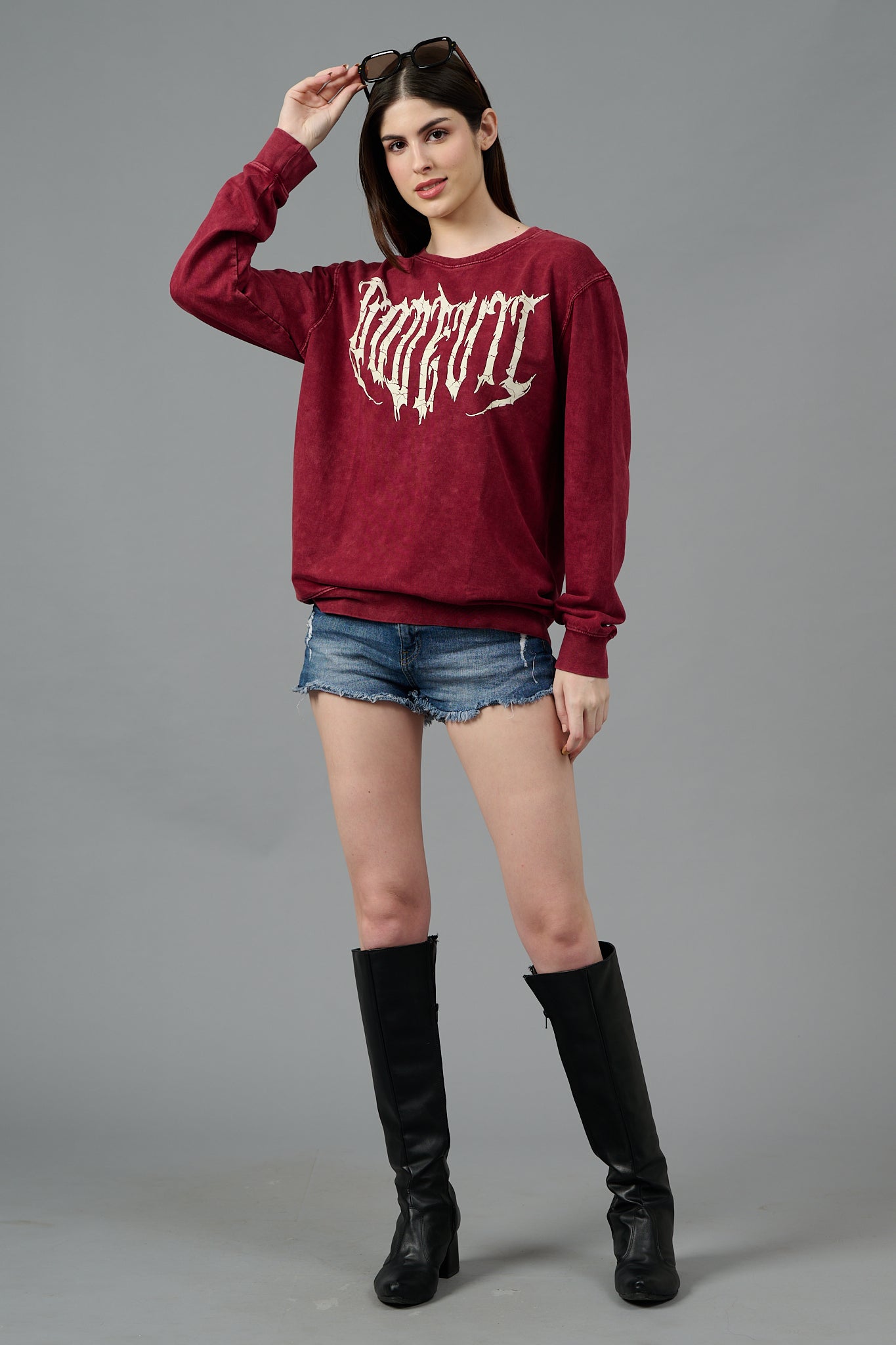 Go Devil Acid Wash Burgundy Sweatshirt for Women