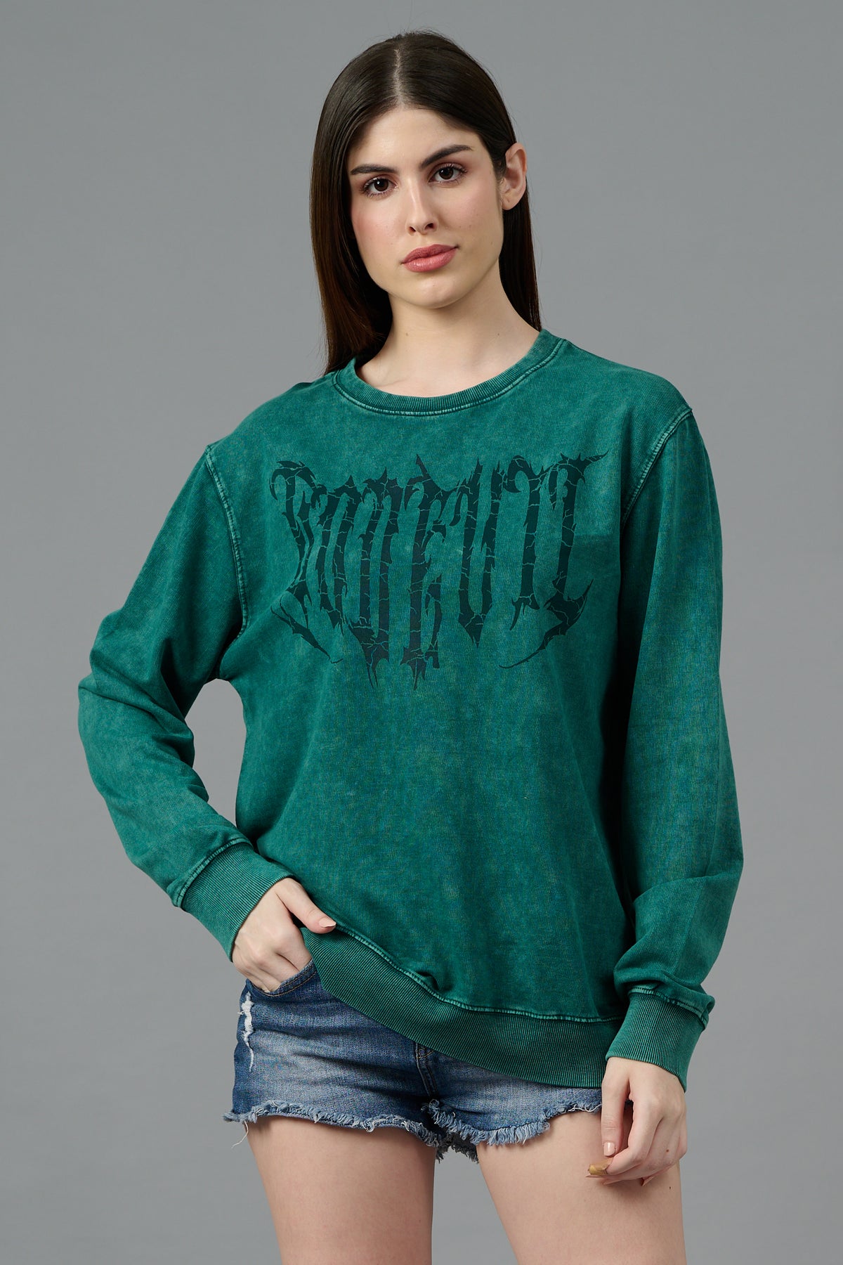 Go Devil Acid Wash Green Sweatshirt for Women