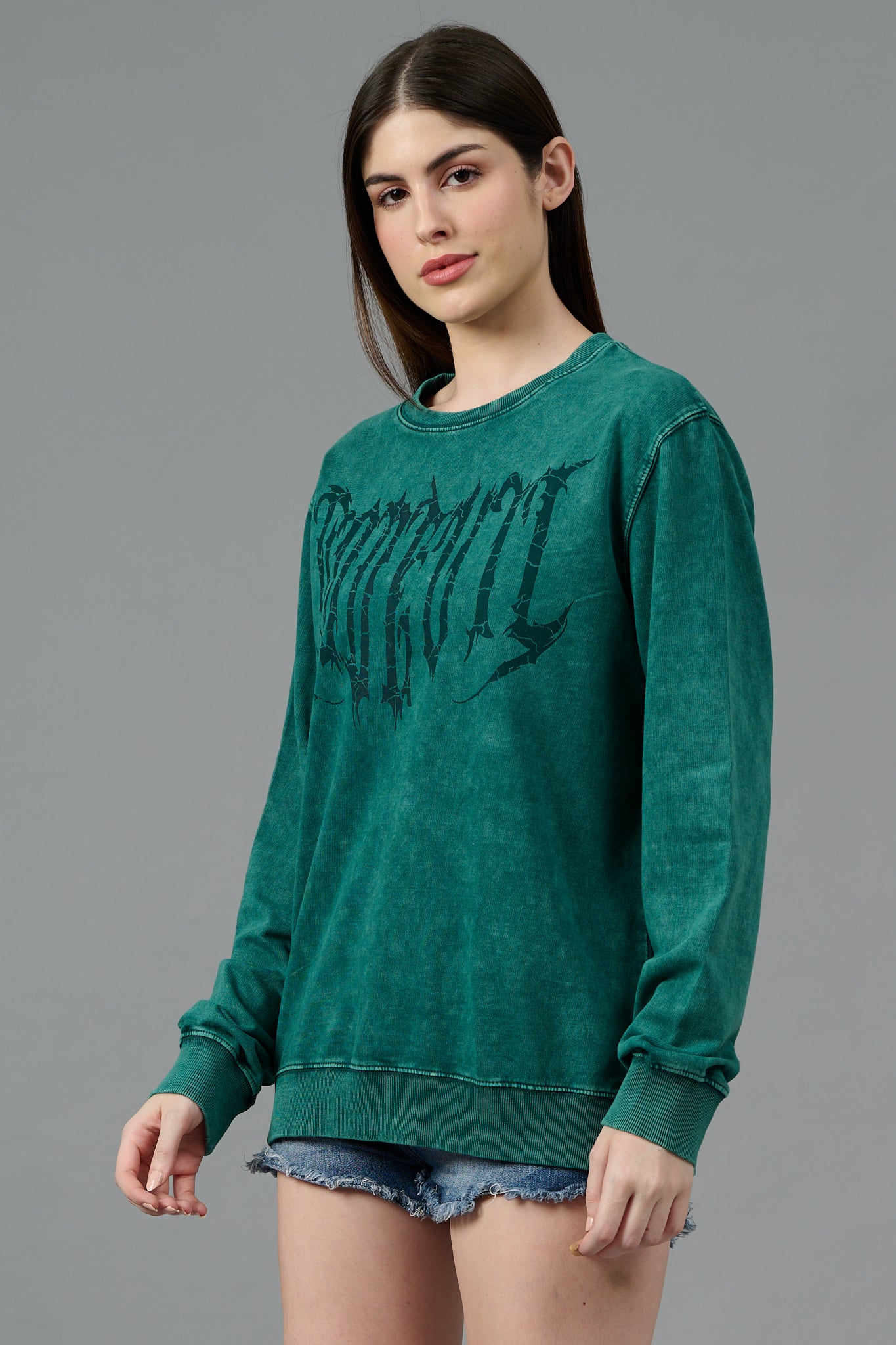 Go Devil Acid Wash Green Sweatshirt for Women