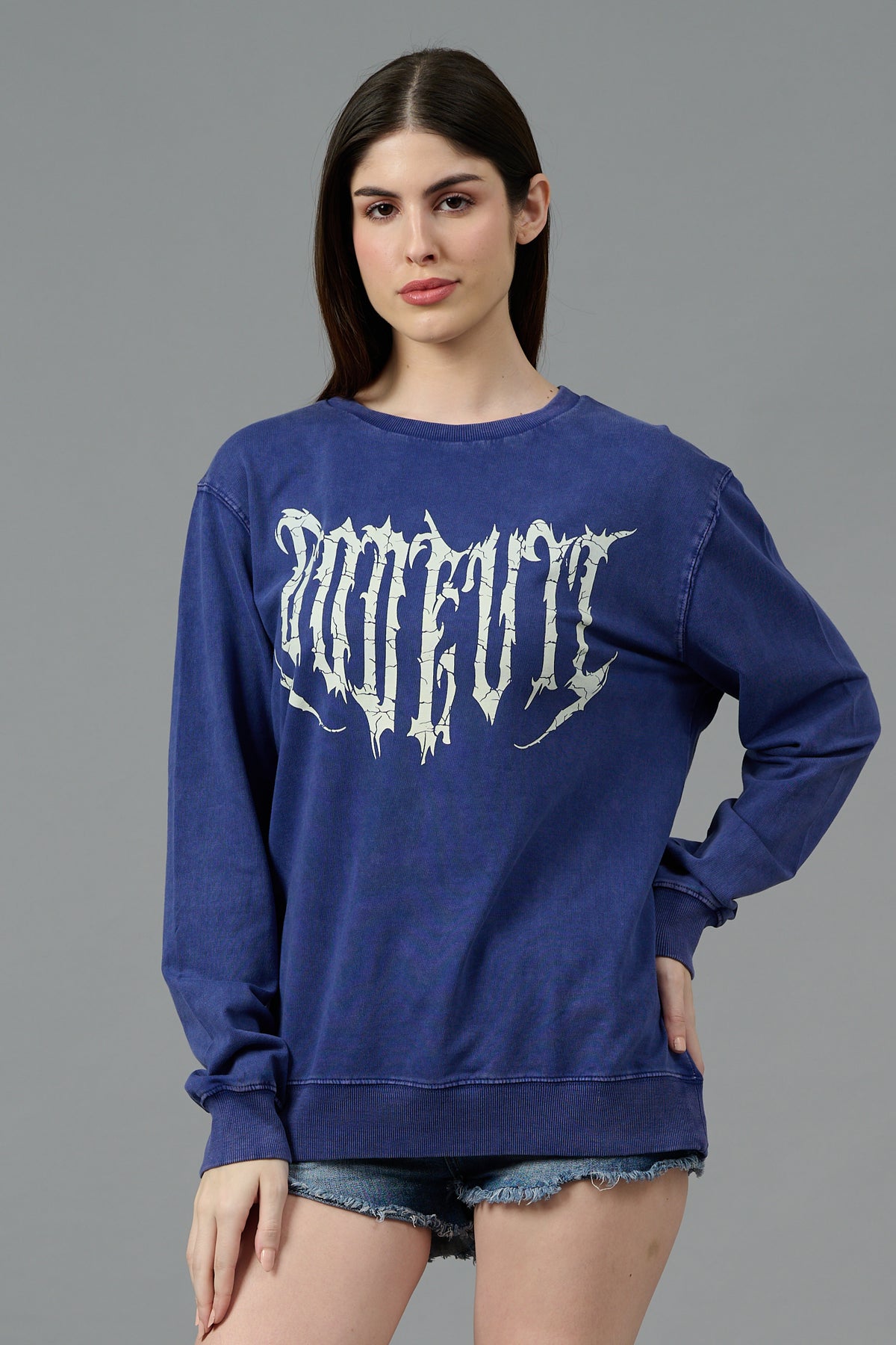 Go Devil Acid Wash Blue Sweatshirt for Women