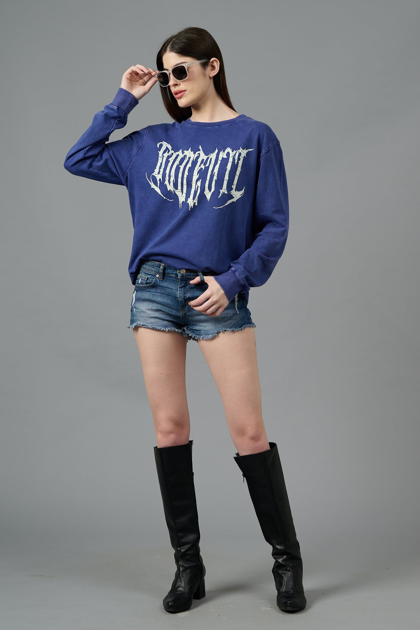 Go Devil Acid Wash Blue Sweatshirt for Women