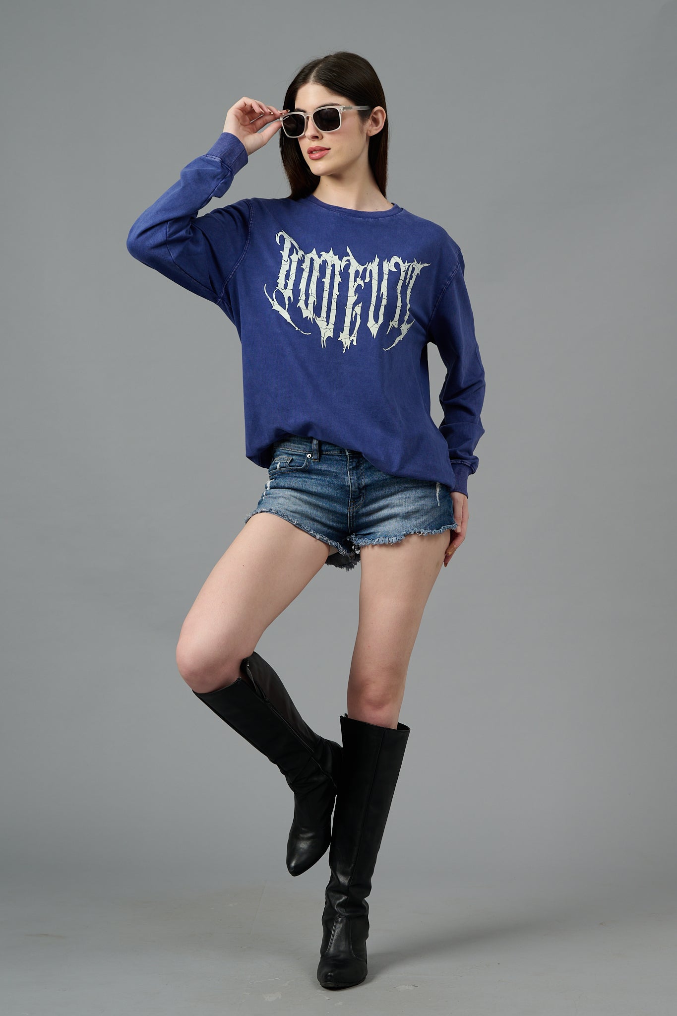 Go Devil Acid Wash Blue Sweatshirt for Women