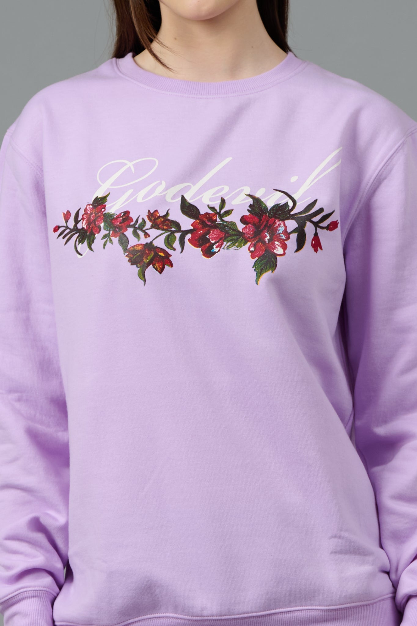 Go Devil with Flower Printed Purple Sweatshirt for Women