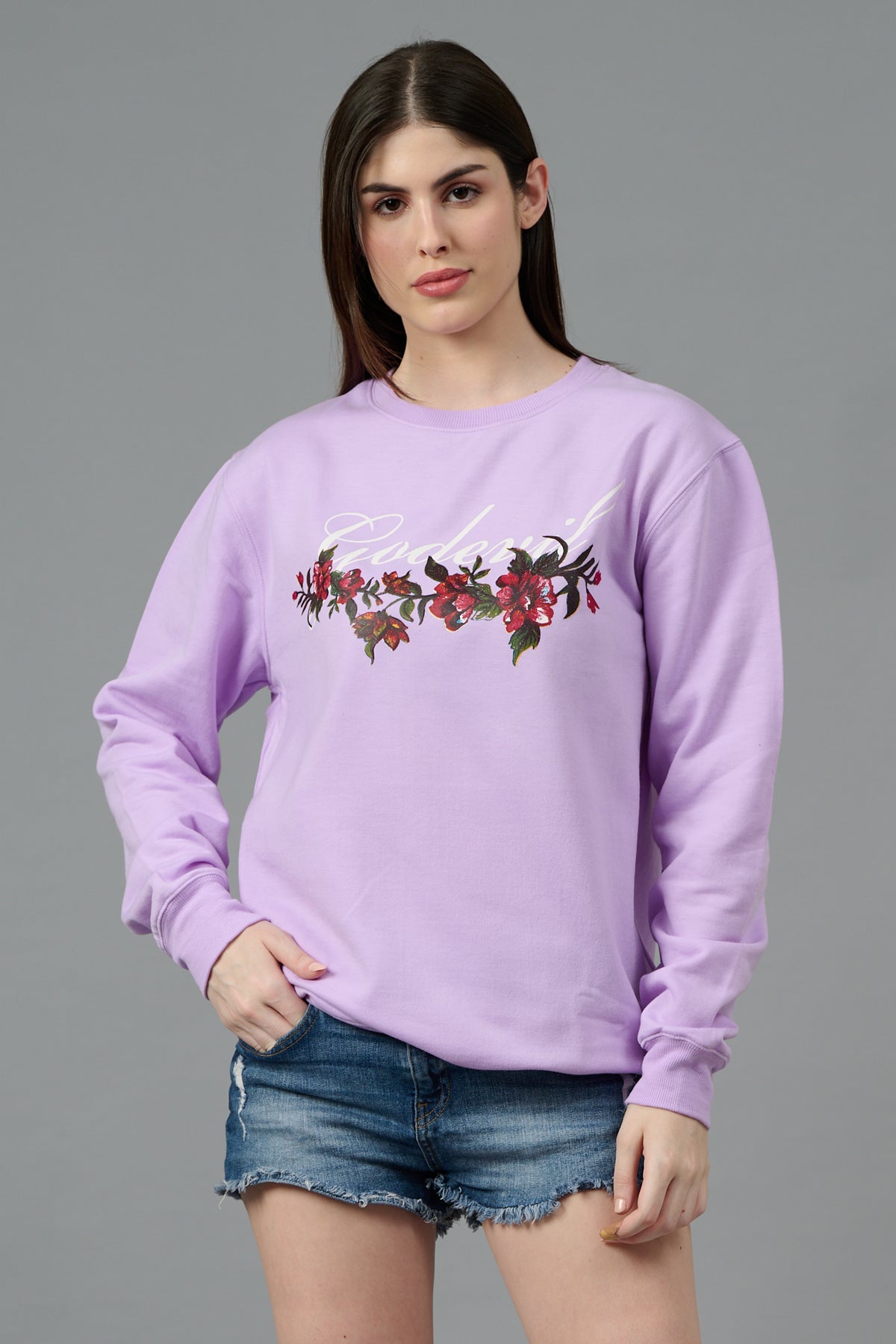 Go Devil with Flower Printed Purple Sweatshirt for Women